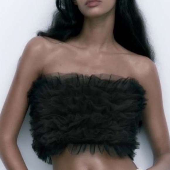ZARA Black Tulle Ruffle Strapless Crop Top - Picture 1 of 7